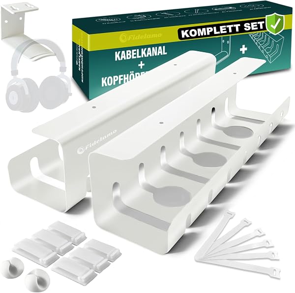 Organizador de cables con soporte para auriculares en el escritorio